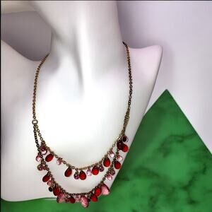Two-Tier Transparent Red Beaded Bronze 18 1/8" Necklace!